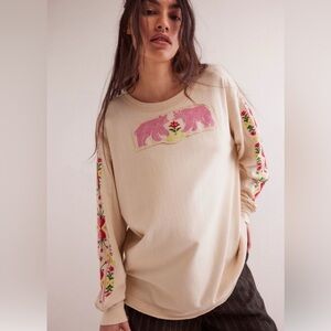 Free People, We The Free All My Heart Embroidered Long Sleeve T-Shirt, Sz. Large